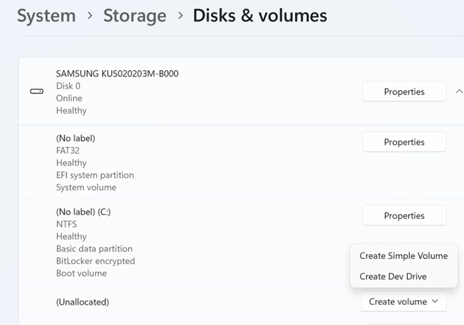 Screenshot: Liste der Datenträger und Volumes mit nicht zugeordnetem Speicherplatz