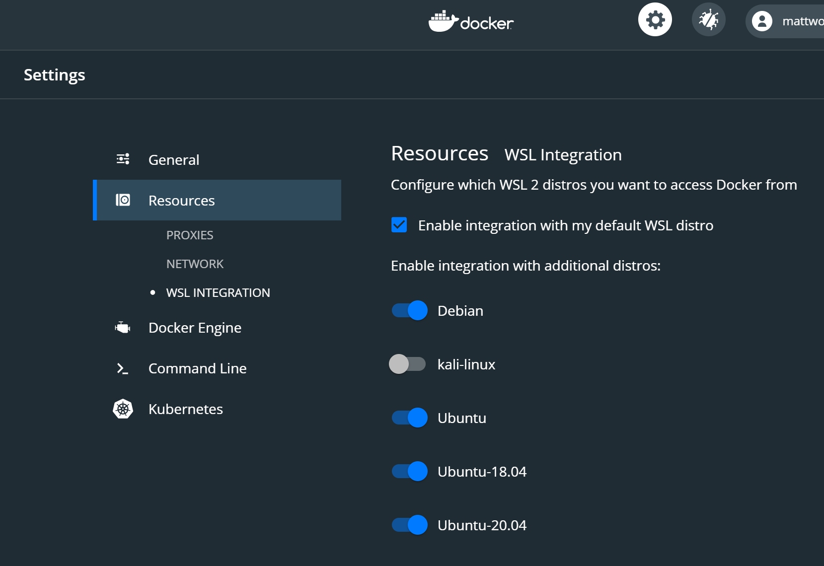 Docker Desktop WSL2-Menü-Screenshot