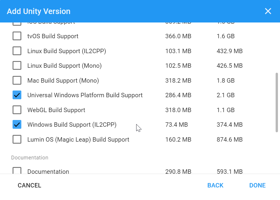 Unity Universelle Windows-Plattform Buildunterstützungsoption