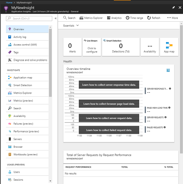 Screenshot: Application Insights-Dienst instance bei dem der instance Name MyNewInsight lautet.