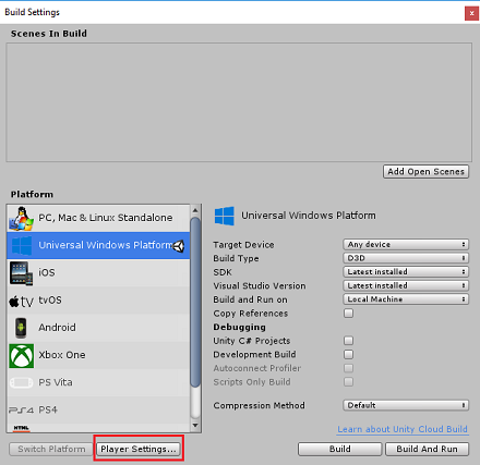 Screenshot des Unity-Bildschirms mit den Buildeinstellungen.