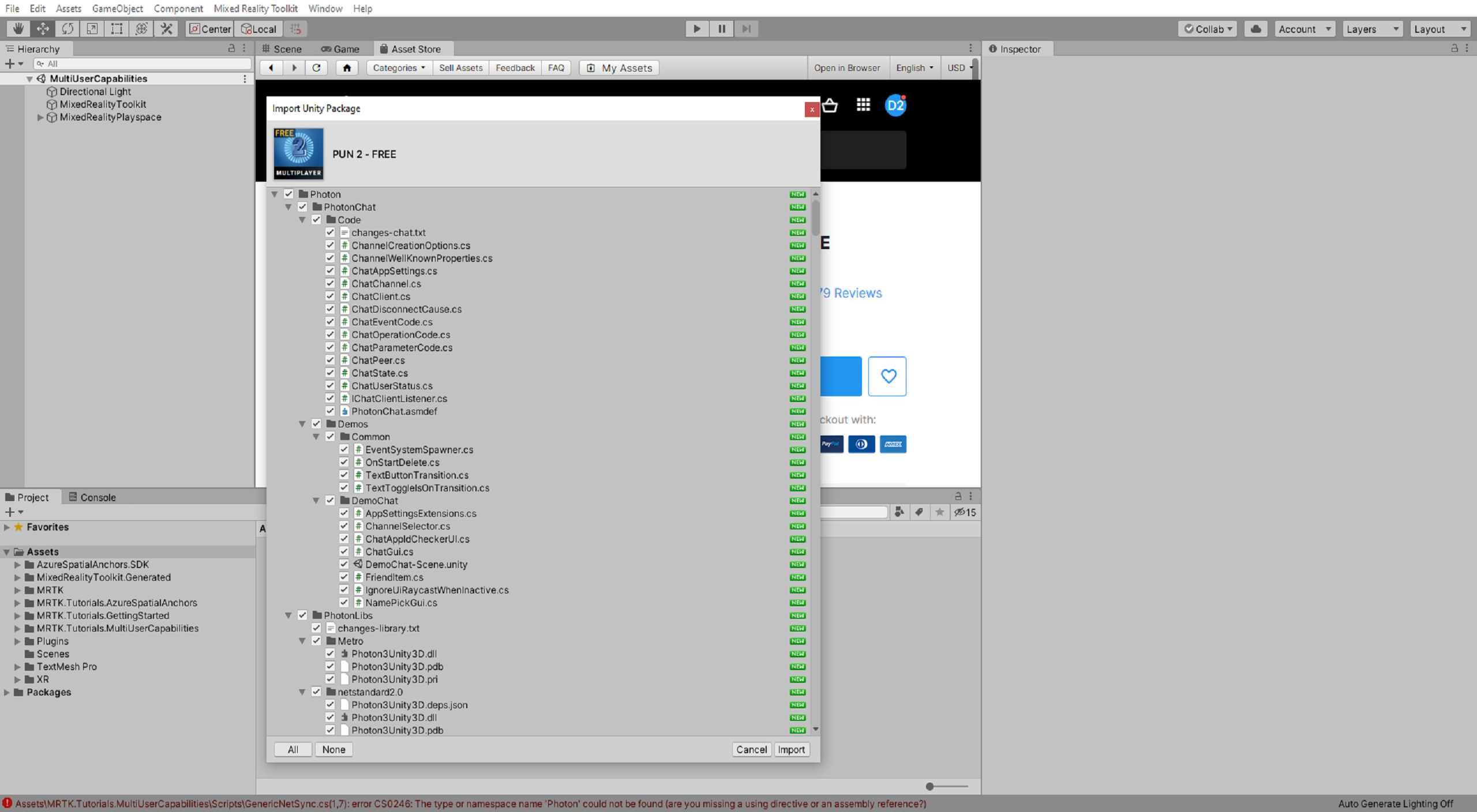 Unity mit PUN 2-Importfenster
