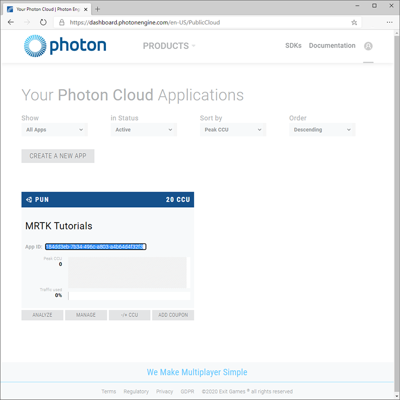 Photon-Anwendungsseite mit ausgewählter App-ID