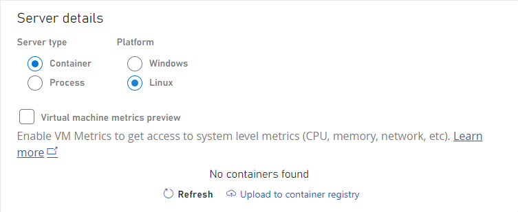 Serverdetails mit ausgewähltem Linux-Container als Betriebssystem und Servertyp