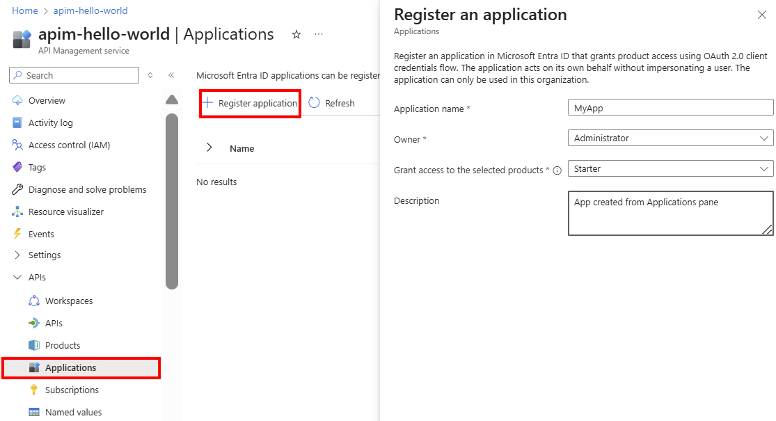 Screenshot of application settings in the portal.