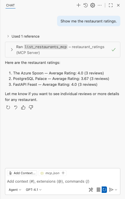 Screenshot showing that the response from the MCP tool call in the GitHub Copilot Chat window.