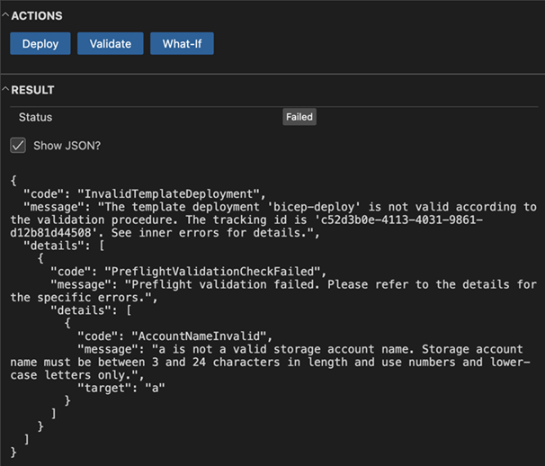 Screenshot of deployment pane validation error in Visual Studio Code.