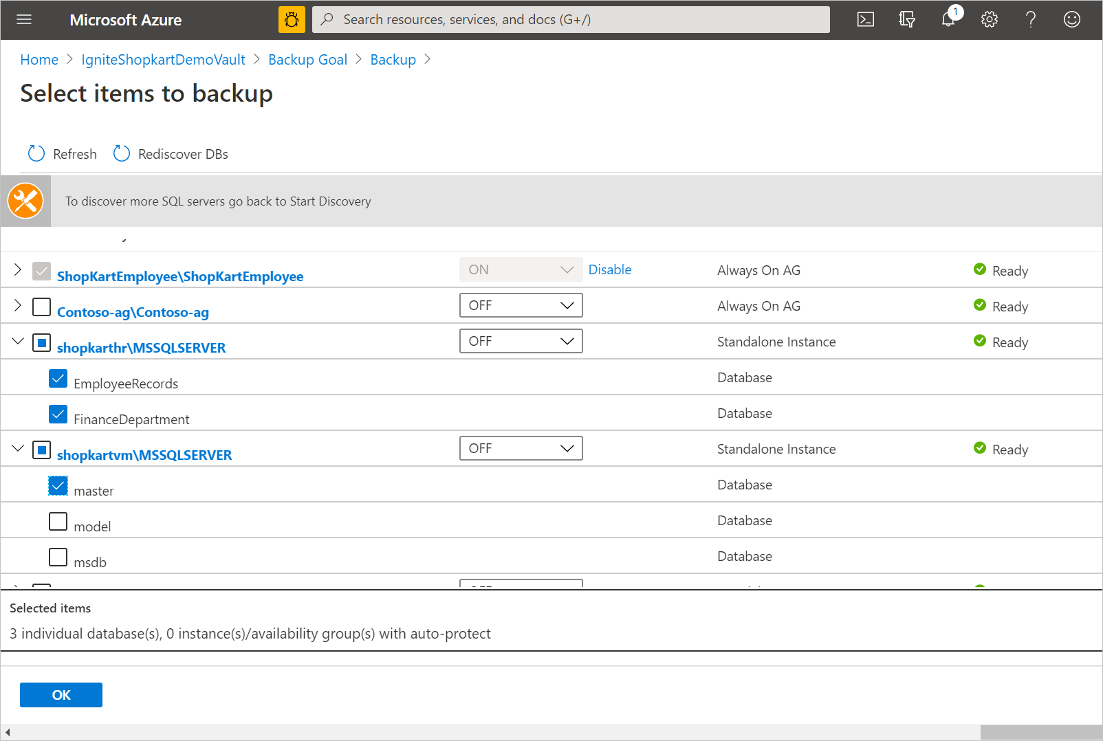 Screenshot that shows databases selected for backup.