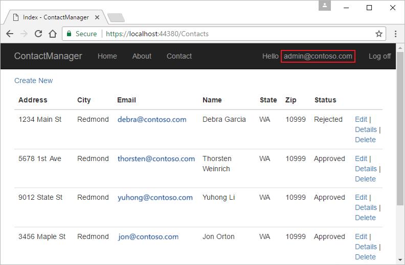 Screenshot showing the user 'admin@contoso.com' signed in to the web app with visibility of administration features.