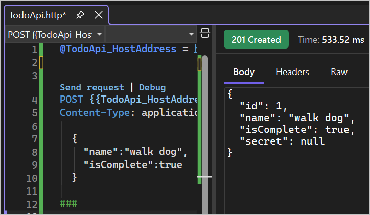 .http file window with response from the POST request.