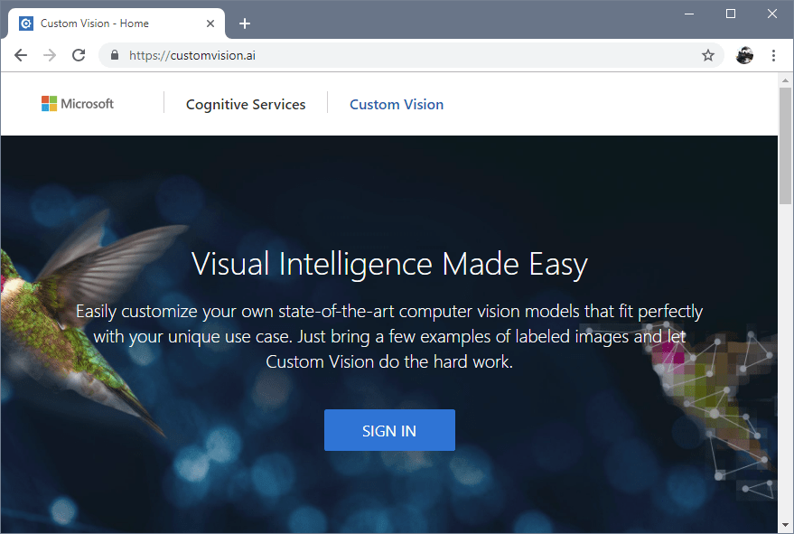Screenshot showing the Custom Vision sign-in page.