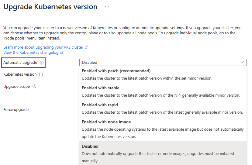 Screenshot of the Upgrade Kubernetes version page for an AKS cluster in the Azure portal.