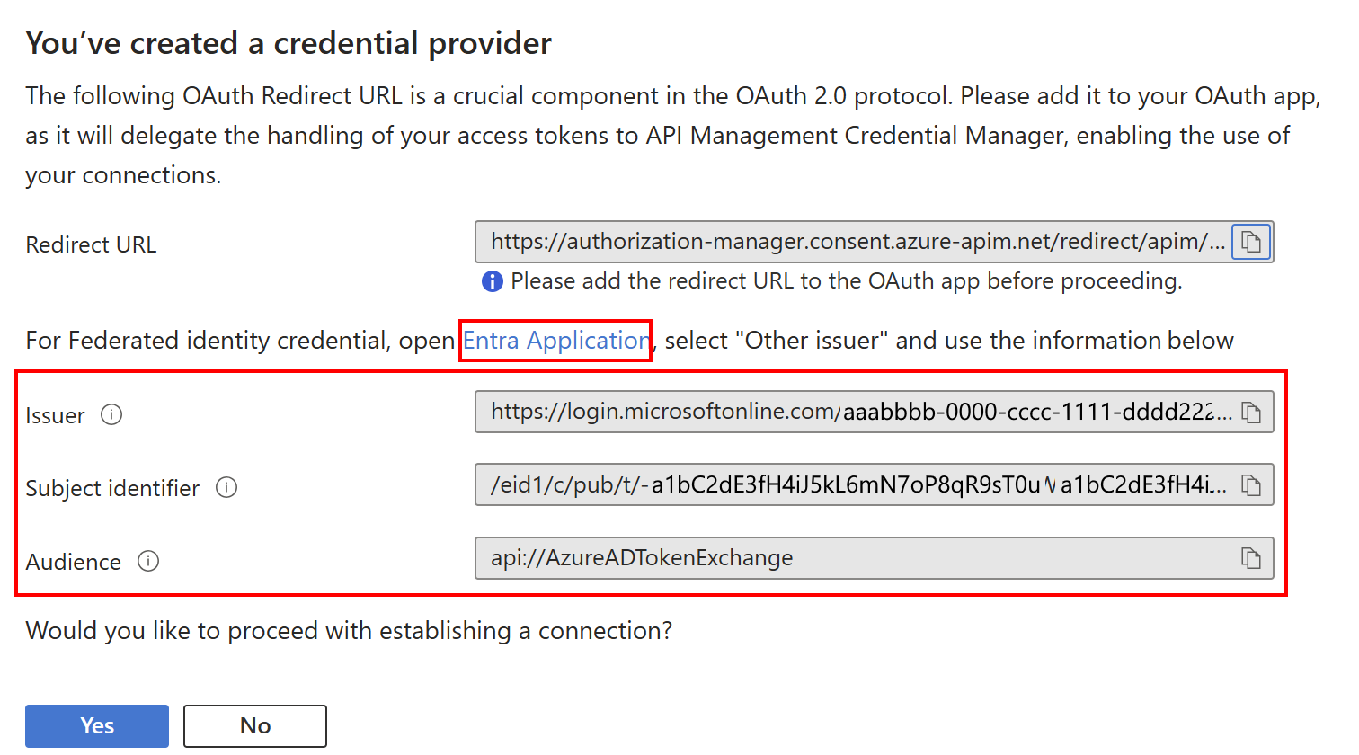 Screenshot of completing configuration of a federated identity credential provider in the portal.