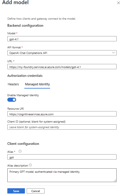 Screenshot of the Add model pane to add model settings in the portal.