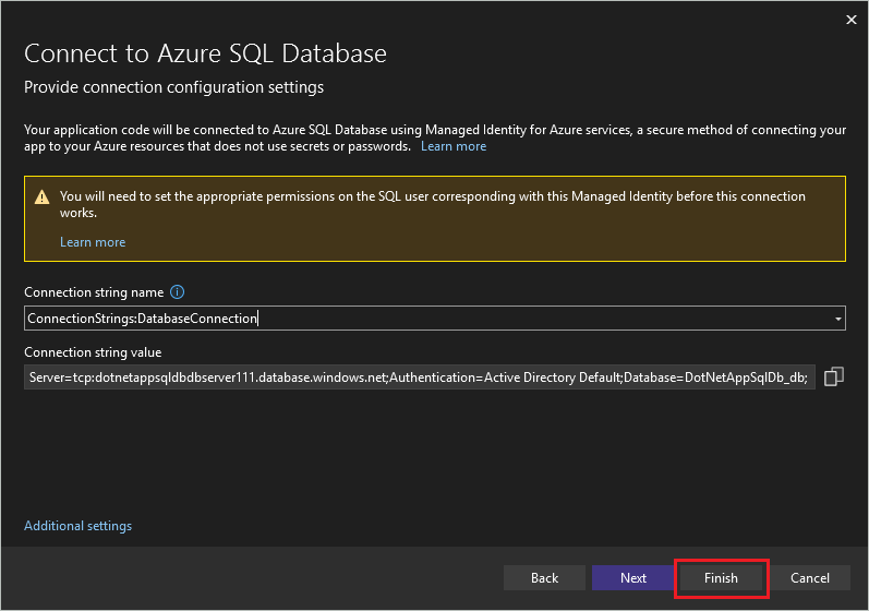 Screenshot of the screen with messages about configuring managed identity for the connection to work.