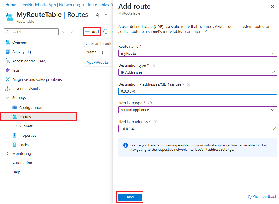 Screenshot of adding a route to the route table.