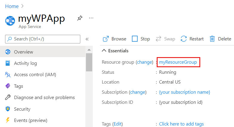 Screenshot of the resource group in App Service overview page.