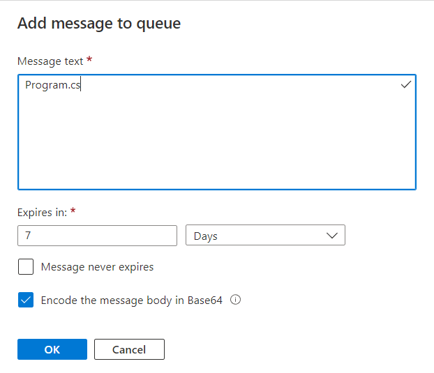 Screenshot of the Add message to queue dialog showing the text 'Program.cs' added as message text.