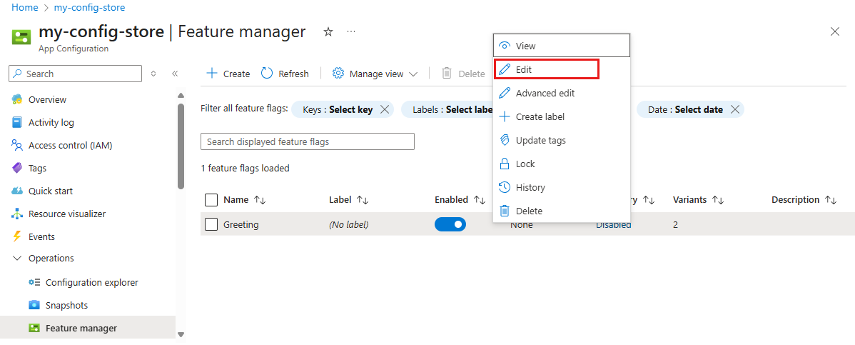 Screenshot of the Azure portal, editing a feature flag.