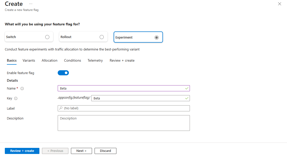 Screenshot of the Azure portal that shows the Create feature flag feature - Experiment option.
