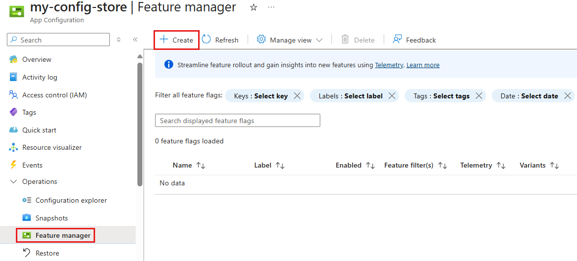 Screenshot of the Azure portal that shows the Create feature flag feature.