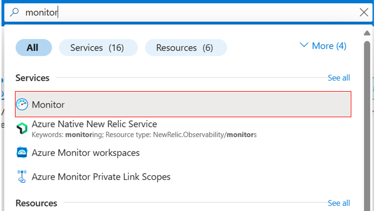 Screenshot that shows searching for monitor in the Azure portal.