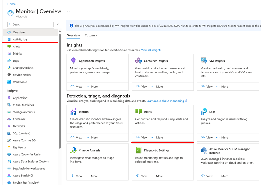 Screenshot that shows selecting the Alerts option on the Overview page.