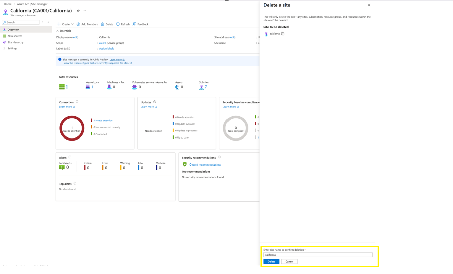 Screenshot that shows how to delete a site confirmation.