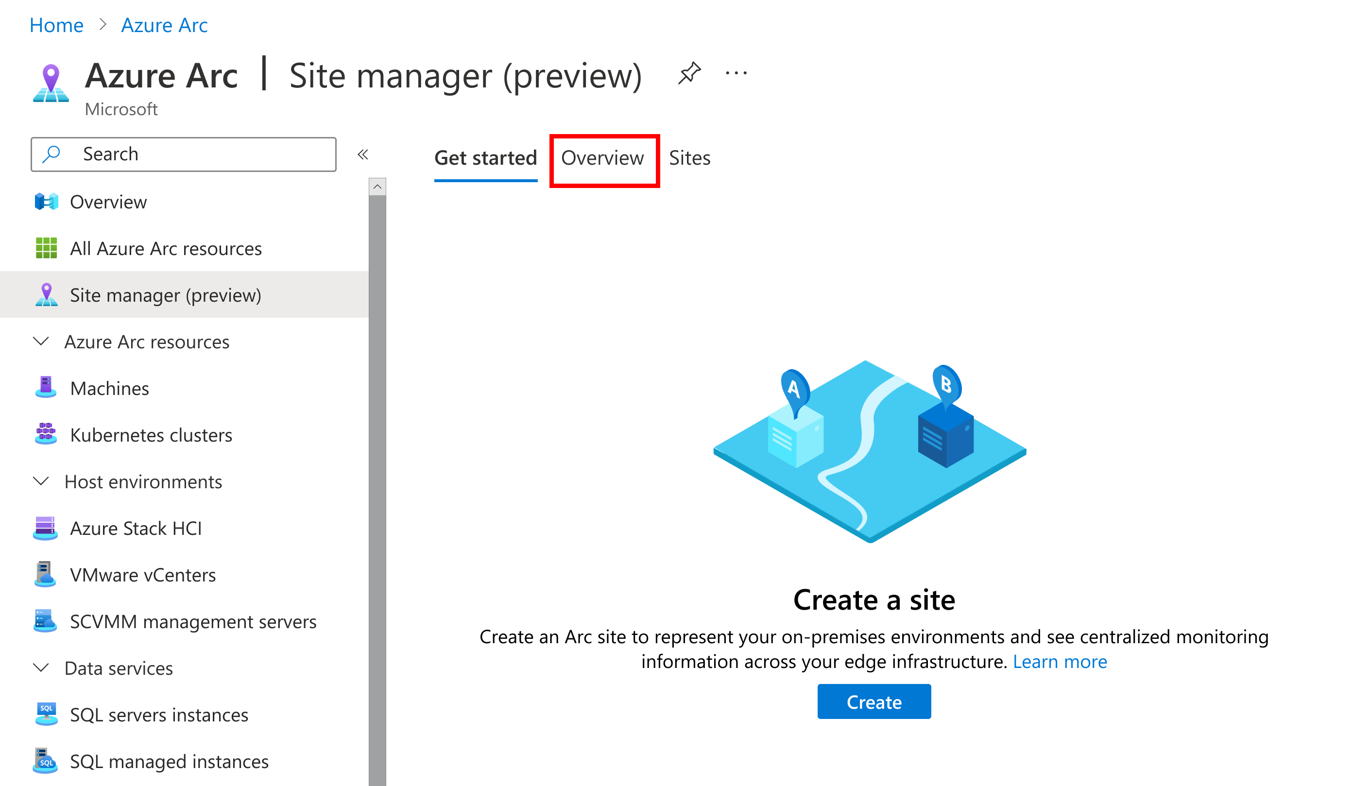 Screenshot that shows selecting the Overview page in the site manager.