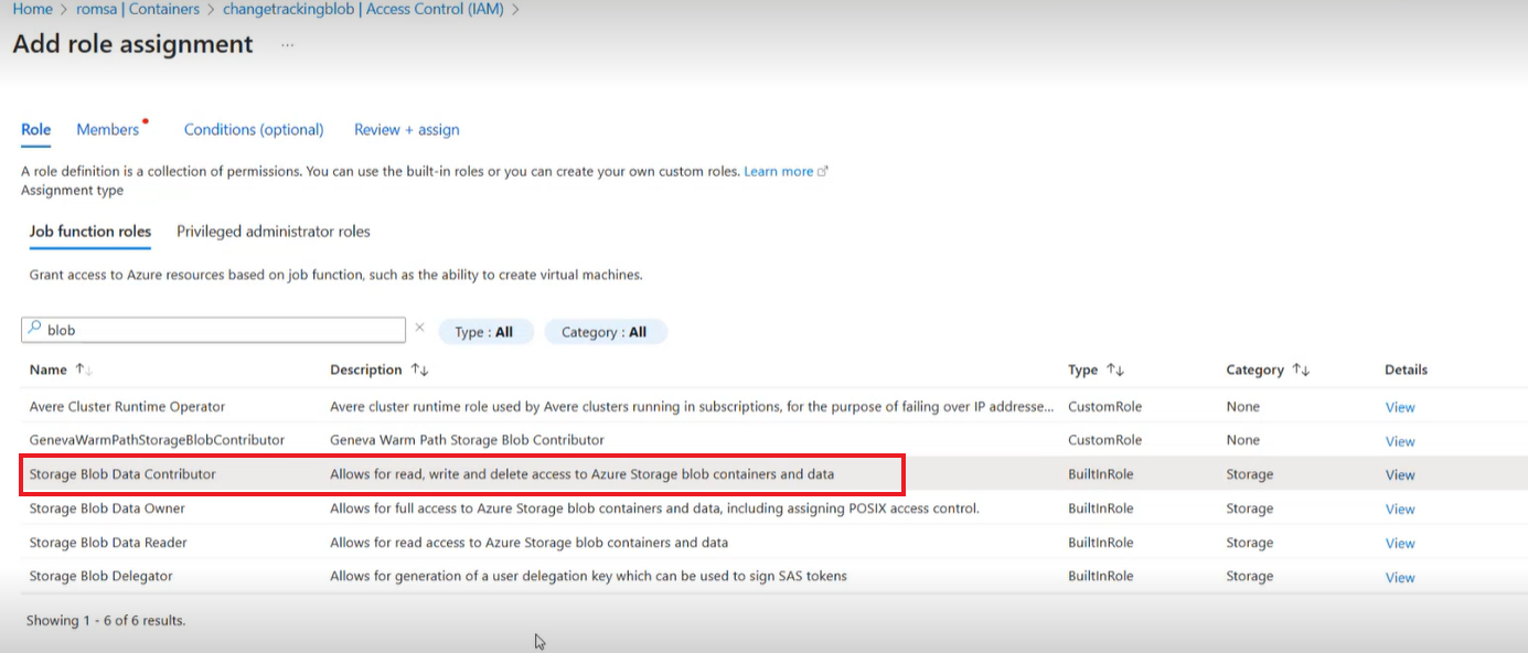 Screenshot that shows selecting the contributor role for Blob Storage.