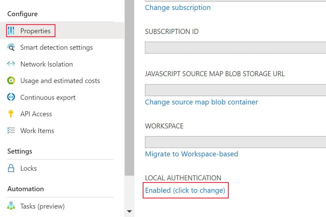 Screenshot that shows Properties under the Configure section and the Enabled/Disabled local authentication button.