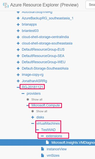 Screenshot that shows going to WAD configuration in Azure Resource Explorer.