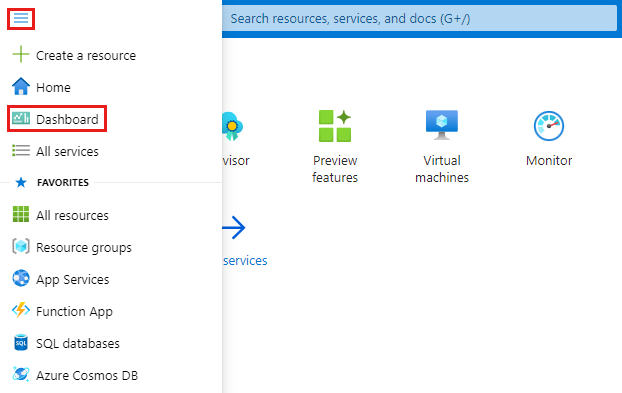 Screenshot of the Azure portal with Dashboard selected.