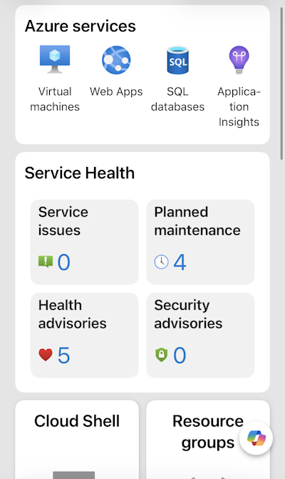 Screenshot of the Azure mobile app Home screen with display cards in a new order.