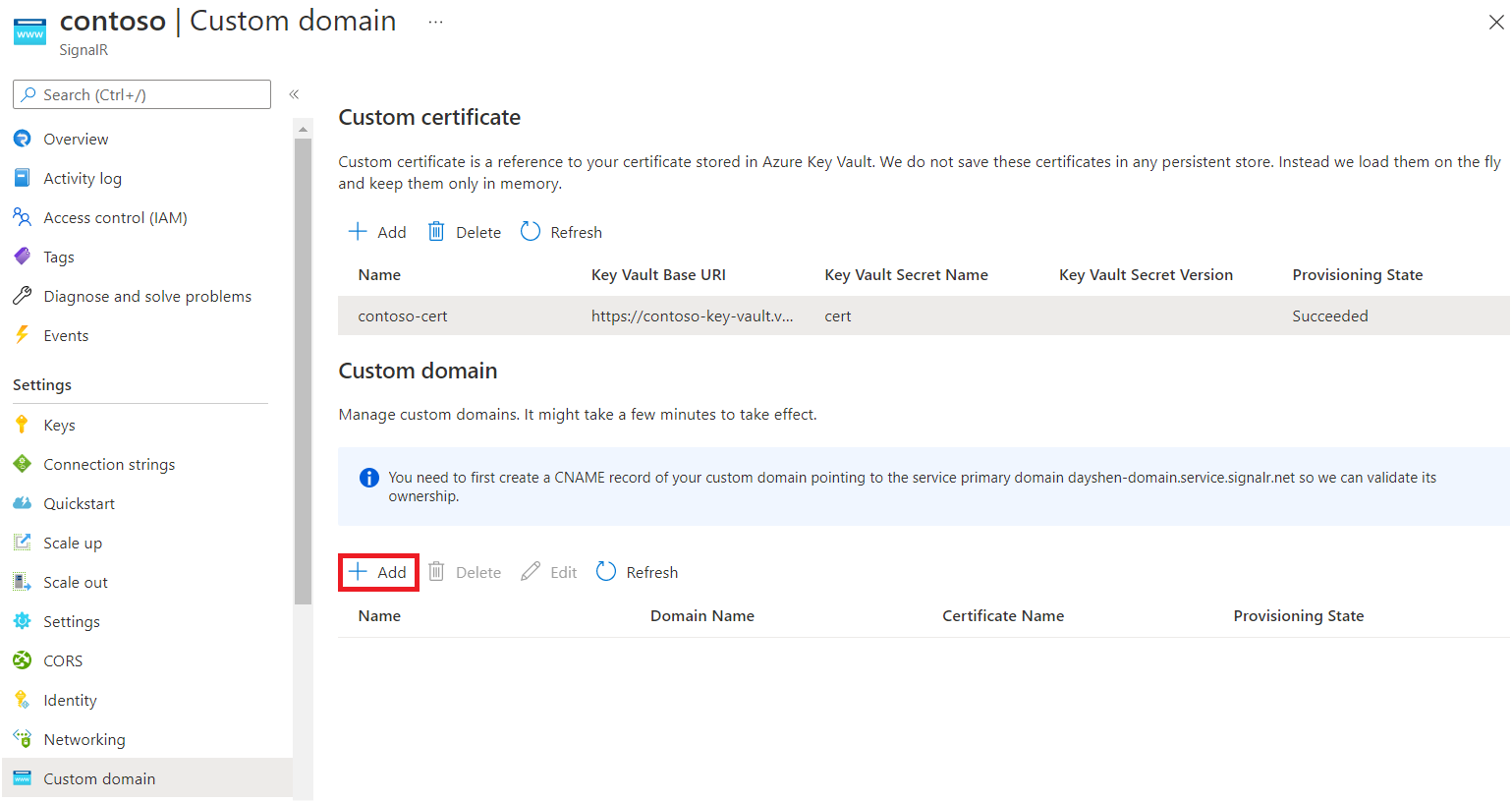 Screenshot that shows custom domain management.