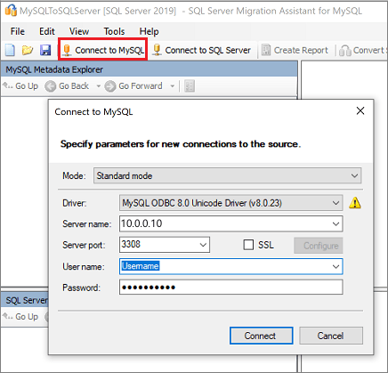 Screenshot of the 'Connect to MySQL' pane for specifying connections to the source.