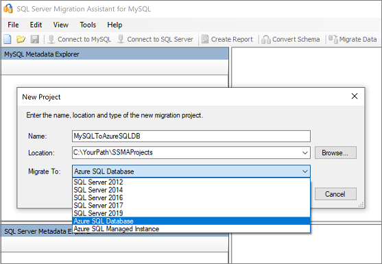 Screenshot of the 'New Project' pane for entering your migration project name, location, and target.