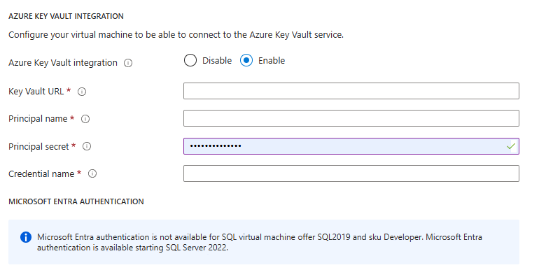 Screenshot of an existing SQL Server on Azure VM Key Vault integration settings in the Azure portal.