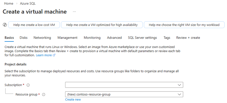 Screenshot from the Azure portal of the Create a virtual machine page, starting with the Subscription field.