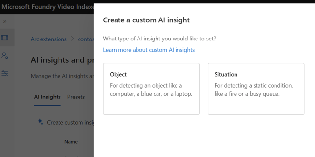 Screenshot of create a custom AI insight page with option to select object or situation detection.