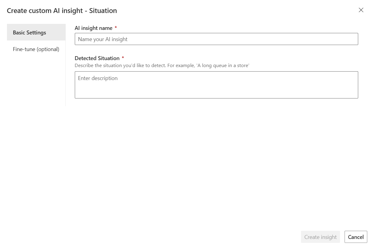 Screenshot of the basic settings tab for situation type custom insight where you describe what you want to detect.