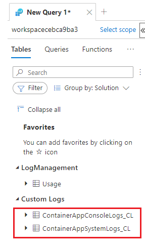 Screenshot of the Log Analytics query page showing custom log tables.