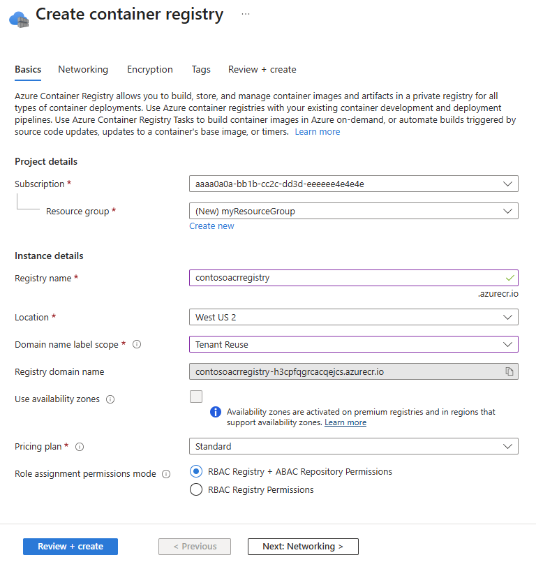 Screenshot showing the container registry creation settings in the portal.