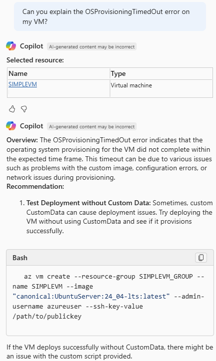 Screenshot of Azure Copilot explaining a VM error and how to resolve it.