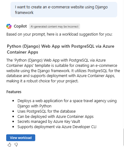 Screenshot of example of a template recommendation from Azure Copilot.