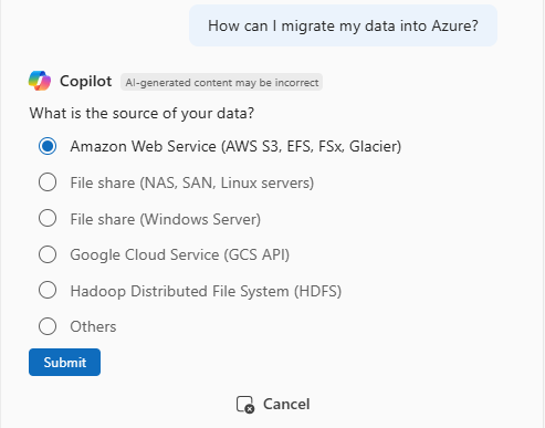 Screenshot of Azure Copilot responding to a question about migrating data to Azure.