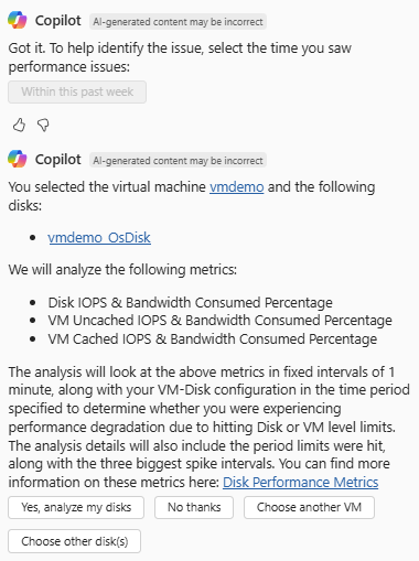 Screenshot of Azure Copilot preparing to run an analysis of slow disk performance.