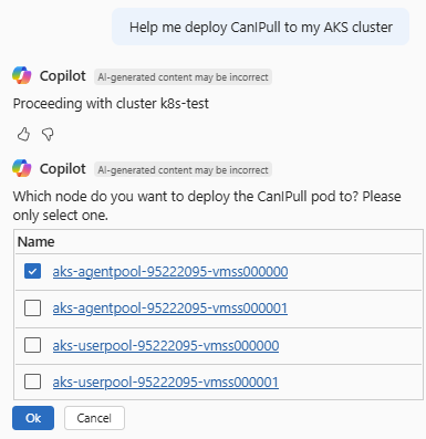 Screenshot of Azure Copilot confirming the cluster and node on which to deploy CanIPull.