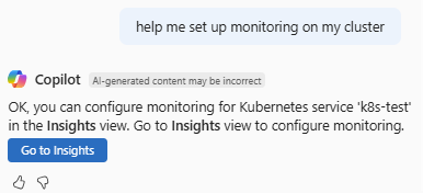 Screenshot showing Azure Copilot helping to configure monitoring on an AKS cluster.