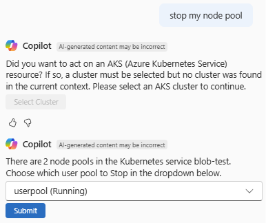 Screenshot showing Azure Copilot responding to a request to stop an AKS node pool.